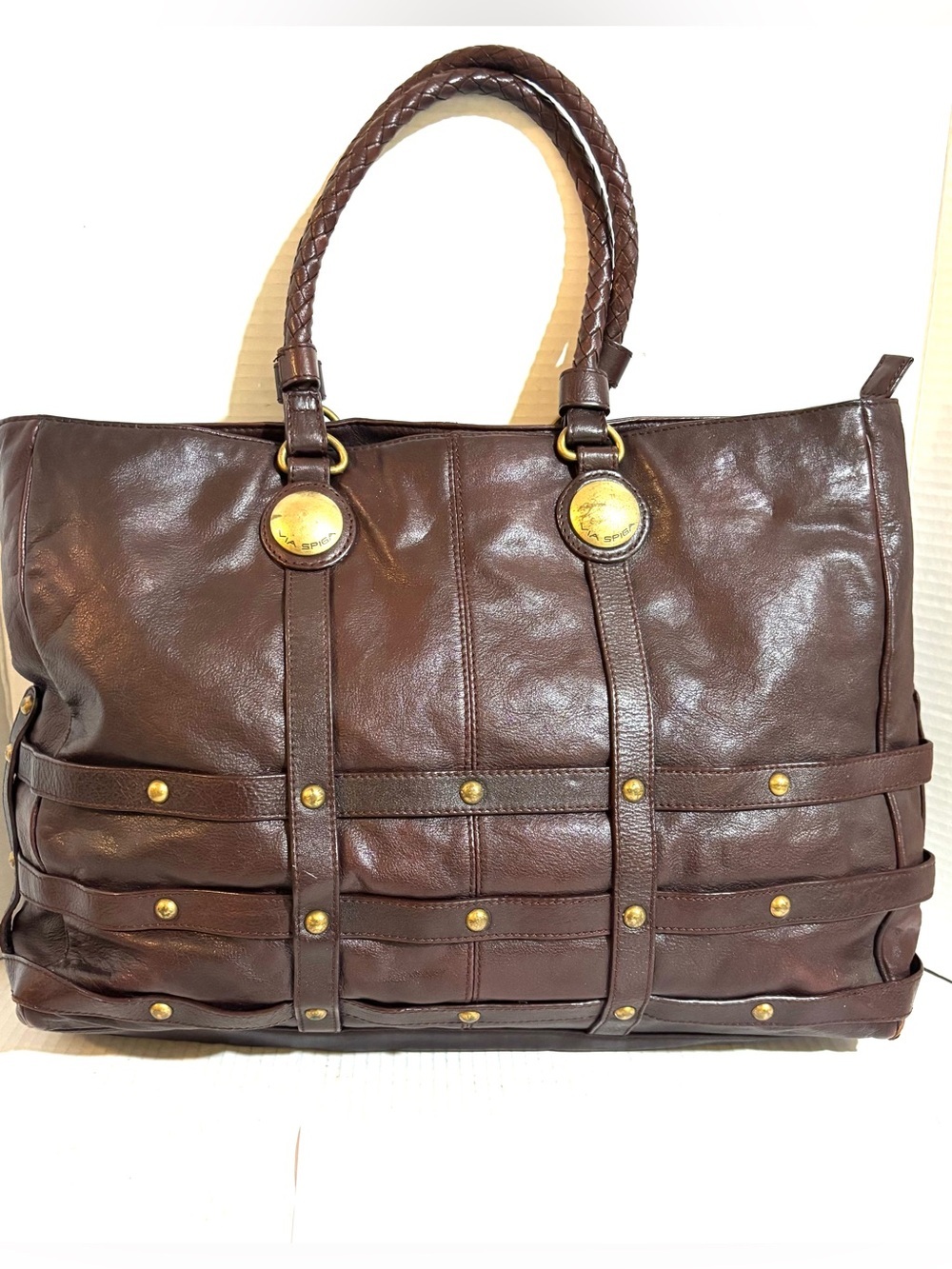 Brown distressed Leather Studded Tote Bag